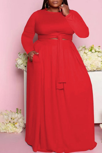 Red Casual Solid Bandage Patchwork O Neck Plus Size Two Pieces
