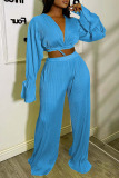 Sky Blue Sexy Solid Bandage Patchwork V Neck Long Sleeve Two Pieces
