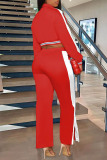 Red Casual Patchwork Slit Contrast Turndown Collar Long Sleeve Two Pieces