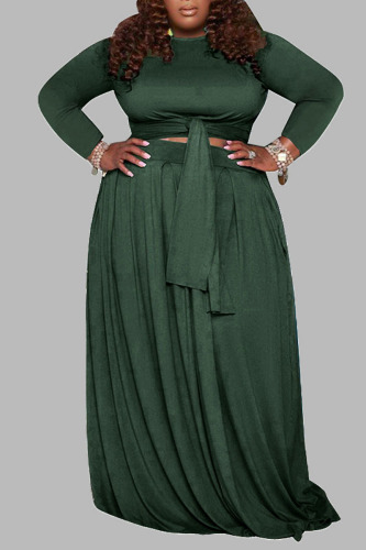 Green Casual Solid Bandage Patchwork O Neck Plus Size Two Pieces