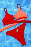 Red Sexy Patchwork Hollowed Out Backless Contrast Swimwears (With Paddings)