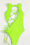 Fluorescent Yellow Sexy Solid Bandage Hollowed Out Patchwork Swimwears