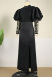Black Vintage Elegant Solid Patchwork Slit O Neck Evening Dress Plus Size Dresses