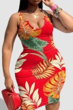 Red Fashion Casual Plus Size Print Basic U Neck Vest Dress