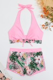 Pink Sexy Print Bandage Patchwork Backless Swimwears (With Paddings)