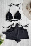 Black Sexy Solid Bandage Backless Swimsuit Three Piece Set (With Paddings)