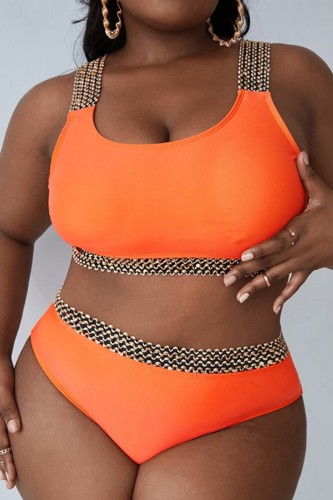 Orange Sexy Solid Patchwork Backless U Neck Plus Size Swimwear (With Paddings)