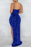 Blue Fashion Sexy Patchwork Sequins See-through Backless Spaghetti Strap Irregular Dress