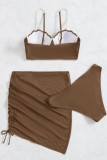 Coffee Sexy Solid Patchwork Backless Three Piece Sets (With Paddings)