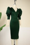 Ink Green Casual Solid Slit Beading V Neck One Step Skirt Plus Size Dresses