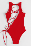 Red Sexy Solid Bandage Hollowed Out Patchwork Swimwears