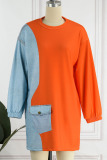 Tangerine Red Casual Solid Patchwork O Neck Tops