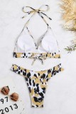 Yellow Sexy Print Leopard Bandage Patchwork Backless Swimwears (With Paddings)