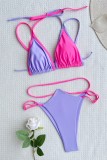 Rose Purple Sexy Solid Bandage Patchwork Backless Contrast Swimwears (With Paddings)