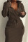 Army Green Fashion Casual Solid Patchwork V Neck Long Sleeve Dresses