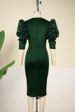 Ink Green Casual Solid Slit Beading V Neck One Step Skirt Plus Size Dresses