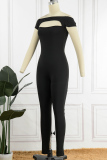 Black Sexy Casual Solid Hollowed Out Off the Shoulder Skinny Jumpsuits