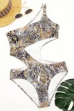 Multicolor Sexy Print Hollowed Out Backless Swimwears