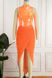 Tangerine Red Sexy Solid Patchwork Asymmetrical Half A Turtleneck Sleeveless Two Pieces
