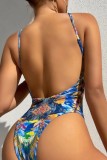 Blue Sexy Print Backless Swimwears (With Paddings)