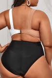 Black White Sexy Patchwork Hollowed Out Backless Contrast V Neck Plus Size Swimwear (With Paddings)