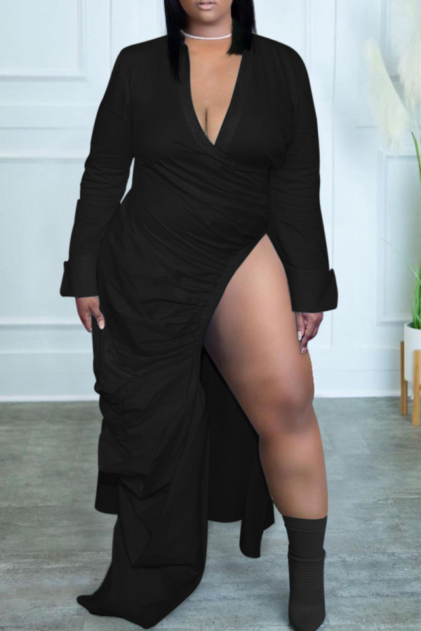 Plus Size Black Sexy Solid Slit Fold V Neck Long Sleeve Dresses