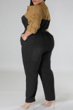 Black Casual Solid Patchwork Buckle Turndown Collar Plus Size Jumpsuits