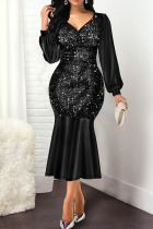 Black Elegant Solid Sequins Patchwork V Neck Trumpet Mermaid Dresses