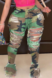Plus Size Camouflage Street Solid Ripped Patchwork Jeans