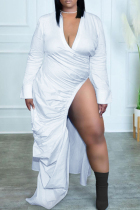 Plus Size White Sexy Solid Slit Fold V Neck Long Sleeve Dresses