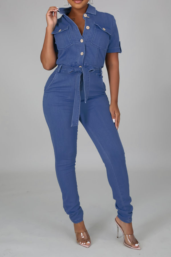 Blue Casual Solid Patchwork Turndown Collar Skinny Jumpsuits