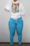 Sky Blue Casual Print Draw String Hooded Collar Long Sleeve Two Pieces