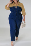 Light Blue Casual Solid Patchwork Buckle Turndown Collar Plus Size Jumpsuits