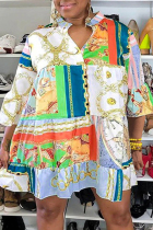Plus Size Blue Casual Print Patchwork Buttons Mandarin Collar A Line Dresses