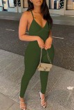 Cyan Sexy Casual Solid Backless Spaghetti Strap Skinny Jumpsuits