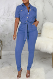 Blue Casual Solid Patchwork Turndown Collar Skinny Jumpsuits