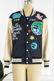 Cream White Casual Street Print Patchwork Buckle Outerwear