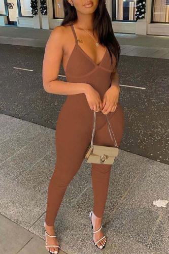 Coffee Sexy Casual Solid Backless Spaghetti Strap Skinny Jumpsuits