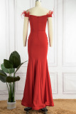 Red Sexy Solid Patchwork Feathers V Neck Evening Dress Dresses