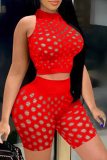 Red Sexy Solid Hollowed Out O Neck Sleeveless Two Pieces
