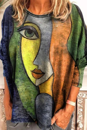 Tangerine Red Casual Print Patchwork O Neck Tops