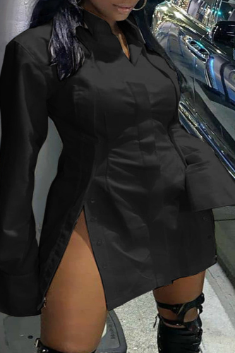Plus Size Black Casual Solid Patchwork Buckle Slit Turndown Collar A Line Dresses