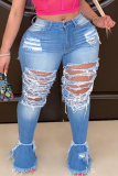 Plus Size Dark Blue Street Solid Ripped Patchwork Jeans