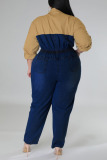 Deep Blue Casual Solid Patchwork Buckle Turndown Collar Plus Size Jumpsuits