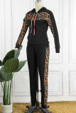 Black Casual Print Leopard Camouflage Print Patchwork Hooded Collar Long Sleeve Two Pieces