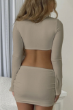 Khaki Sexy Solid Hollowed Out O Neck Long Sleeve Two Pieces