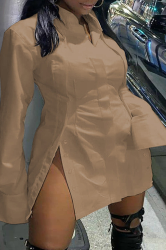 Plus Size Khaki Casual Solid Patchwork Buckle Slit Turndown Collar A Line Dresses