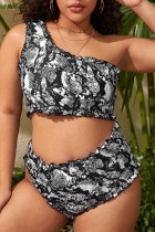 Black Sexy Print Backless One Shoulder Plus Size Swimwear (With Paddings)