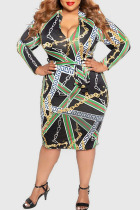Black Casual Print Patchwork Zipper Collar One Step Skirt Plus Size Dresses