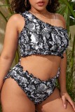 Black Sexy Print Backless One Shoulder Plus Size Swimwear (With Paddings)